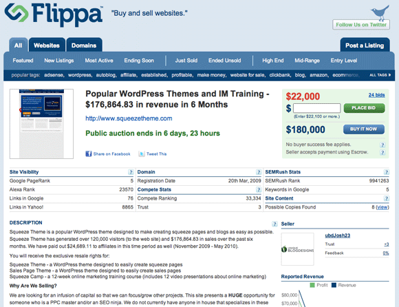 Flippa Website Auction Page